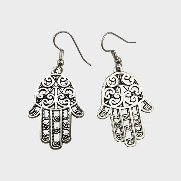 Antiqued Silver Tone Hamsa Hand Earrings Stainless Steel French Hooks - Picture 4 of 7